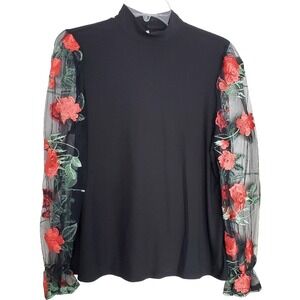 Black Holiday Blouse Sheer Puff Sleeves‎ Floral Embroidery Red Mock Neck SZ:M